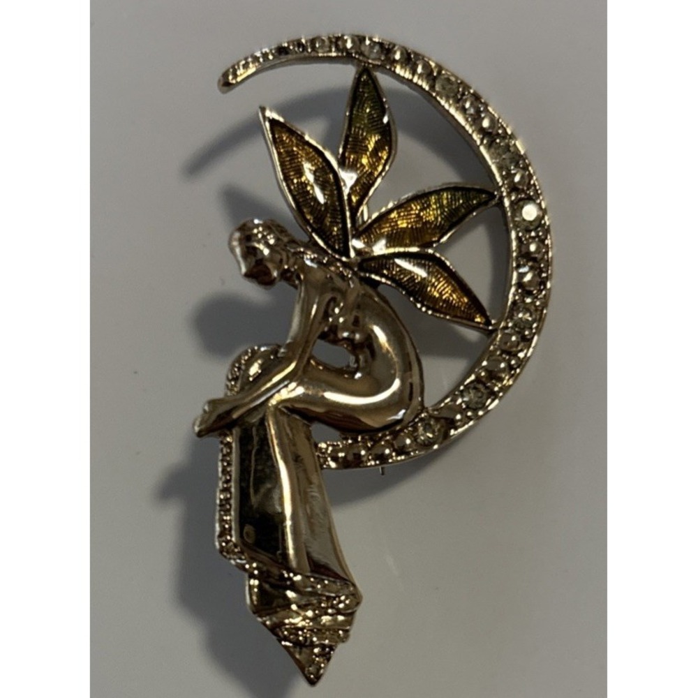 Liz Claiborne Fairy Brooch Pin GoldTone Crescent Moon Enamel Rhinestone